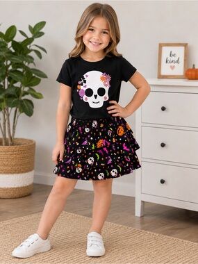 wonder nation Black Halloween Skull Tiered Dress with Pink and Orange Accents